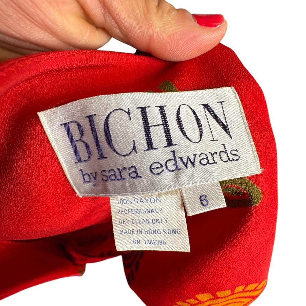 Bichon Red Midi 1/2 Button Up A Line Print Dress sz 6 - Picture 9 of 9
